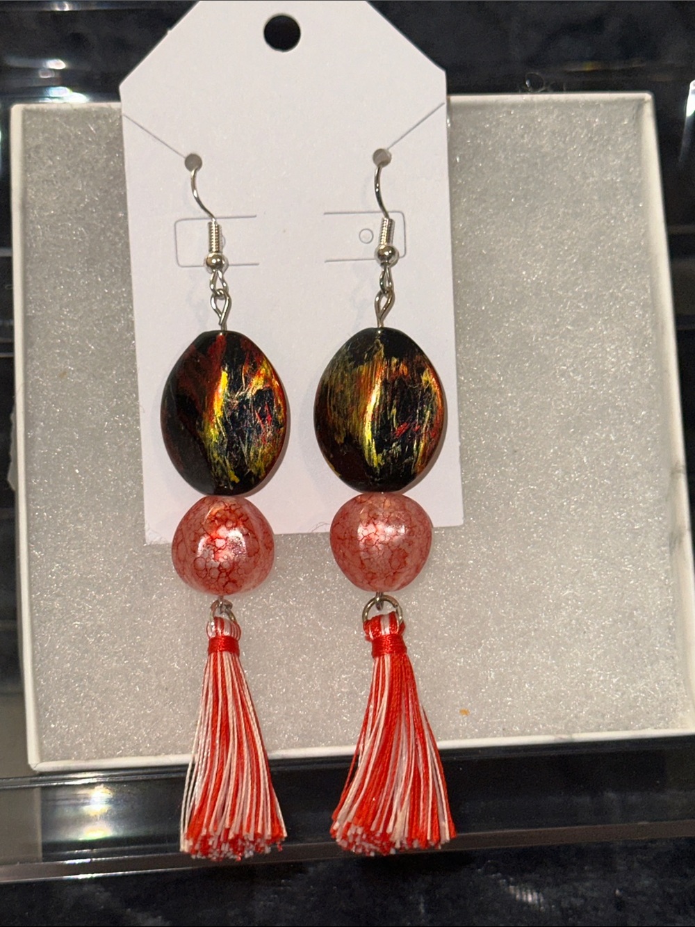 Handmade Red Tassel Dangle Earrings with Marbled Bead and Painted Oval Accent